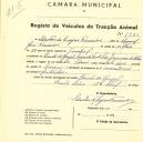 Registo de um veiculo de duas rodas tirado por dois animais de espécie bovina destinado a transporte de mercadorias em nome de Sebastião de Cayres Fernandes, morador na Quinta do Granjal, Venda Seca.