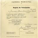 Registo de velocípede com o nº 1352, em nome de Joaquim Pereira Miranda, morador em Mem Martins.
