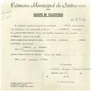 Registo de velocípede de marca Caravela, com o nº 4907, em nome de António Laranjo Duarte de Carvalho, morador em Praia das Maçãs.