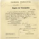 Registo de velocípede de marca Peugeot, com o nº 1922, em nome de Joaquim José Fernandes Cavaleiro, morador em Rua Almeida Araújo, Queluz.