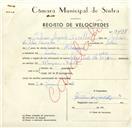 Registo de velocípede de marca Mavic, com o nº 9497, em nome de António Augusto Carvalho, morador em Sintra.