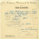 Registo de velocípede de marca Azur, com o nº 5876, em nome de Pedro Pinto Cardoso de Orey, morador em Sintra.