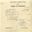 Registo de velocípede de marca Olga, com o nº 3018, em nome de Filipe de Jesus, morador em Cacém de Cima.