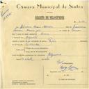 Registo de velocípede de marca Peugeot, com o nº 6023, em nome de Álvaro Sousa Moreira, morador em Algueirão.