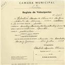 Registo de velocípede de marca Sprinter, com o nº 2008, em nome de Sebastião Mendes de Oliveira, morador em Avª dos Combatentes da Grande Guerra nº 4, Queluz.