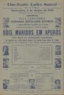 Programa do filme, comédia, "Dois Maridos em Apuros" com a participação de Madalena Sotto, José Amaro, Josefina Silva, Luis de Campos, Assis Pacheco, Virgilio Macieira, Maria de Lourdes, Lucia Mariani e Isabel de Carvalho.