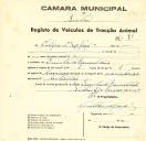 Registo de um veiculo de duas rodas tirado por dois animais de espécie bovina destinado a transporte de mercadorias em nome de Colégio de São José, sediada na Quinta do Ramalhão.