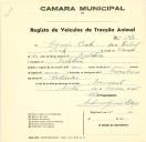 Registo de um veiculo de duas rodas tirado por um animal de espécie muar destinado a transporte de mercadorias em nome de Francis Cook , morador em Inglaterra.