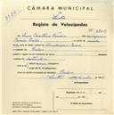 Registo de velocípede com o nº 3703, em nome de Irene Monteiro Ferreira, moradora em Belas.