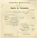 Registo de velocípede de marca Invicta, com o nº 3753, em nome de Francisco Rodrigues Ribeiro Pelaio, morador em Sintra.