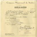 Registo de velocípede com o nº 5913, em nome de António Maria Borges, morador em Cacém.