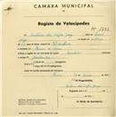 Registo de velocípede com o nº 1792, em nome de António dos Anjos Jorge, morador em Cacém de Cima.