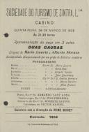 Programa de espetáculos com a representação da peça em 3 atos As Duas Causas de Mario Duarte e Alberto Moraes e o concerto pelo quinteto sob a direção do maestro René Bohet.