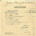 Registo de velocípede com o nº 5799, em nome de António de Jesus Moreira, morador em Queluz.