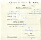 Registo de velocípede com o nº 8874, em nome de Manuel Dinis Júnior, morador em Queluz.