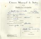 Registo de velocípede de marca Nacional, com o nº 9007, em nome de Sebastião Dias Cantarilho, morador em Odrinhas.