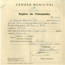Registo de velocípede de marca Tendil, com o nº 4273, em nome de Manuel da Silva Bebiano Mourão, morador em Agualva.