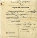 Registo de velocípede de marca Dinar, com o nº 1581, em nome de Domingos António, morador em Assafora.