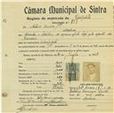 Registo de matricula de velocipedista em nome de António Loureiro Júnior, morador em Morelena, com o nº de inscrição 749.