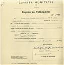 Registo de velocípede de marca Champion, com o nº 2091, em nome de Claude Jean Josephe Demoustier, morador em Sintra.