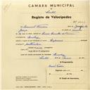 Registo de velocípede com o nº 3033, em nome de Manuel Ferreira, morador em Queluz.