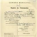 Registo de velocípede de marca Olga, com o nº 3868, em nome de António de Oliveira, morador em Avª Gomes de Amorim nº 6, Sintra.