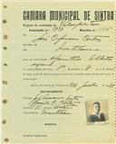Registo de matricula de velocipedista em nome de José Cipriano Cortez, morador em Montelavar, com o nº de inscrição 1733.
