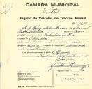 Registo de um veiculo de duas rodas tirado por um animal de espécie asinina destinado a transporte de mercadorias em nome de Pompeu Rodrigues Bebiano Carreira, morador no Algueirão.