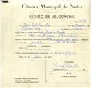 Registo de velocípede de marca Ilo, com o nº 9697, em nome de José da Silva Eva, morador em Cabeço da Bezerra, S. Pedro de Sintra.