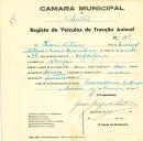 Registo de um veiculo de duas rodas tirado por dois animais de espécie bovina destinado a transporte de mercadorias em nome de Inácio Antunes, morador em Alveijar.