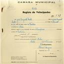 Registo de velocípede de marca Champion, com o nº 571, em nome de José Augusto Costa, morador em Belas.