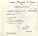 Registo de velocípede com o nº 8936, em nome de Joaquim dos Santos Costa, morador em Queluz.