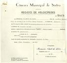 Registo de velocípede de marca Sachs, com o nº 9464, em nome de Hermínio Vicente da Silva, morador em Azenhas do Mar.