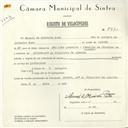 Registo de velocípede com o nº 5770, em nome de Manuel de Oliveira Pata, morador em Avª D. Francisco de Almeida, Sintra.