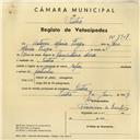 Registo de velocípede com o nº 3907, em nome de António Maria Tiago, morador em Sintra.