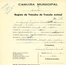 Registo de um veiculo de duas rodas tirado por dois animais de espécie bovina destinado a transporte de mercadorias em nome de Manuel Francisco Vicente, morador em Granja dos Serrões.