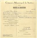 Registo de velocípede de marca V-N-Mota, com o nº 6987, em nome de Vítor José Névoa, morador em Rua José Antunes dos Santos, Sintra.