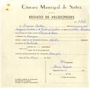 Registo de velocípede com o nº 9842, em nome de Américo Barbosa, morador em Carenque.