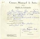 Registo de velocípede de marca Famel, com o nº 9036, em nome de José Rodrigues Pinto, morador em Mem Martins.