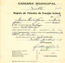 Registo de um veiculo de duas rodas tirado por um animal de espécie asinina destinado a transporte de mercadorias em nome de Jaime Pedro Gomes, morador em Vale de Lobos.