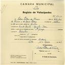 Registo de velocípede com o nº 2410, em nome de Futuro Peleteiro de Oliveira, morador em Agualva-Cacém.