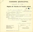 Registo de um veiculo de quatro rodas tirado por dois animais de espécie bovina destinado a transporte de mercadorias em nome de José Manuel Cristóvão, morador na Fação.