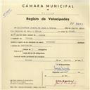Registo de velocípede de marca Oriental, com o nº 3815, em nome de Guilhermino Duarte de Melo e Sárria, morador em Sintra.