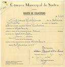 Registo de velocípede de marca Raio, com o nº 7458, em nome de Silvério António, morador em Morelena.