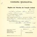 Registo de um veiculo de duas rodas tirado por dois animais de espécie bovina destinado a transporte de mercadorias em nome de António Nicolau Almas, morador em Vale Flores.