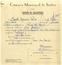 Registo de velocípede de marca Caravela, com o nº 6705, em nome de Carlos Sequeira Paulo, morador em Praia das Maçãs.