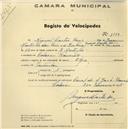 Registo de velocípede de marca Olga, com o nº 1159, em nome de Miguel Castro Reis, morador em Banzão, Colares.
