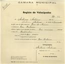 Registo de velocípede com o nº 841, em nome de António Antunes, morador em Pero Pinheiro.