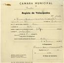 Registo de velocípede de marca Alfa, com o nº 1067, em nome de Herdeiros de António Duarte dos Reis, morador em Belas.