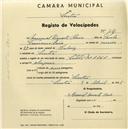 Registo de velocípede de marca Saltley, com o nº 1510, em nome de Manuel Duarte Raio, morador em Sintra.